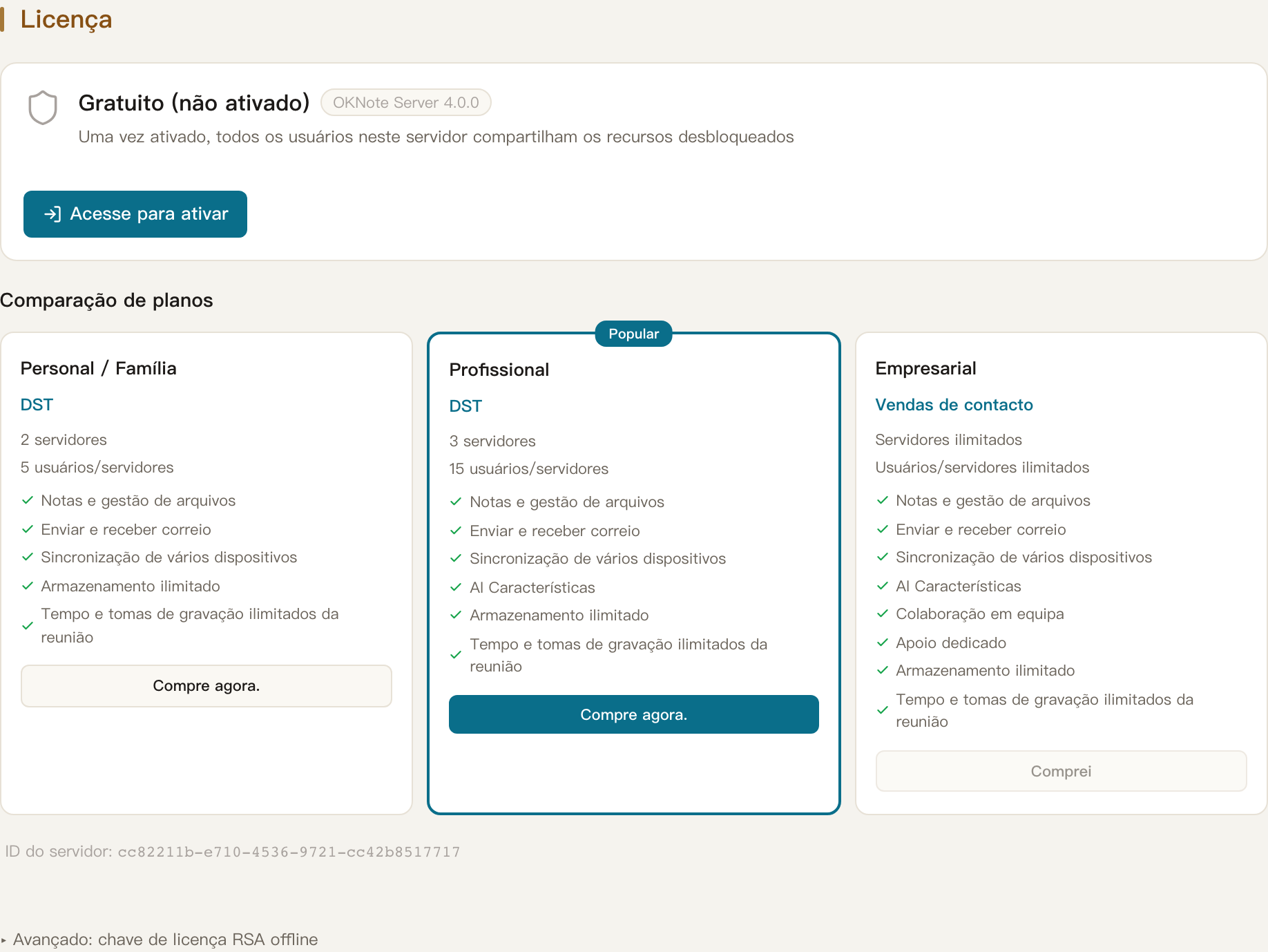 Conta e dados · 🔑 Após a compra: ativar a licença neste servidor
