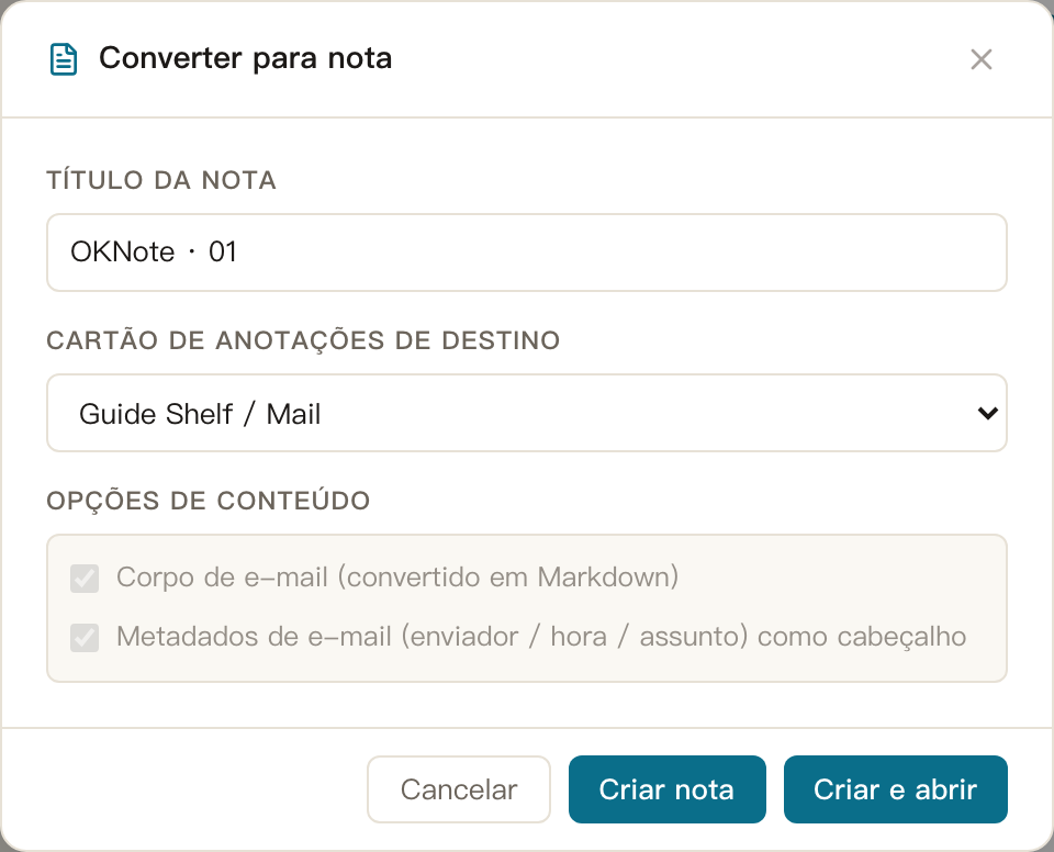 Email · Converter para nota: arquivo de correio importante em sua base de conhecimentos