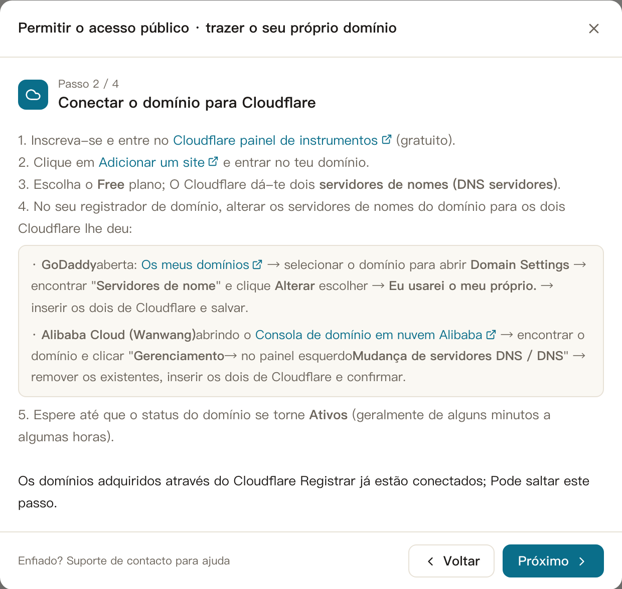 Acesso externo · Passo 2: Adicione seu domínio para Cloudflare