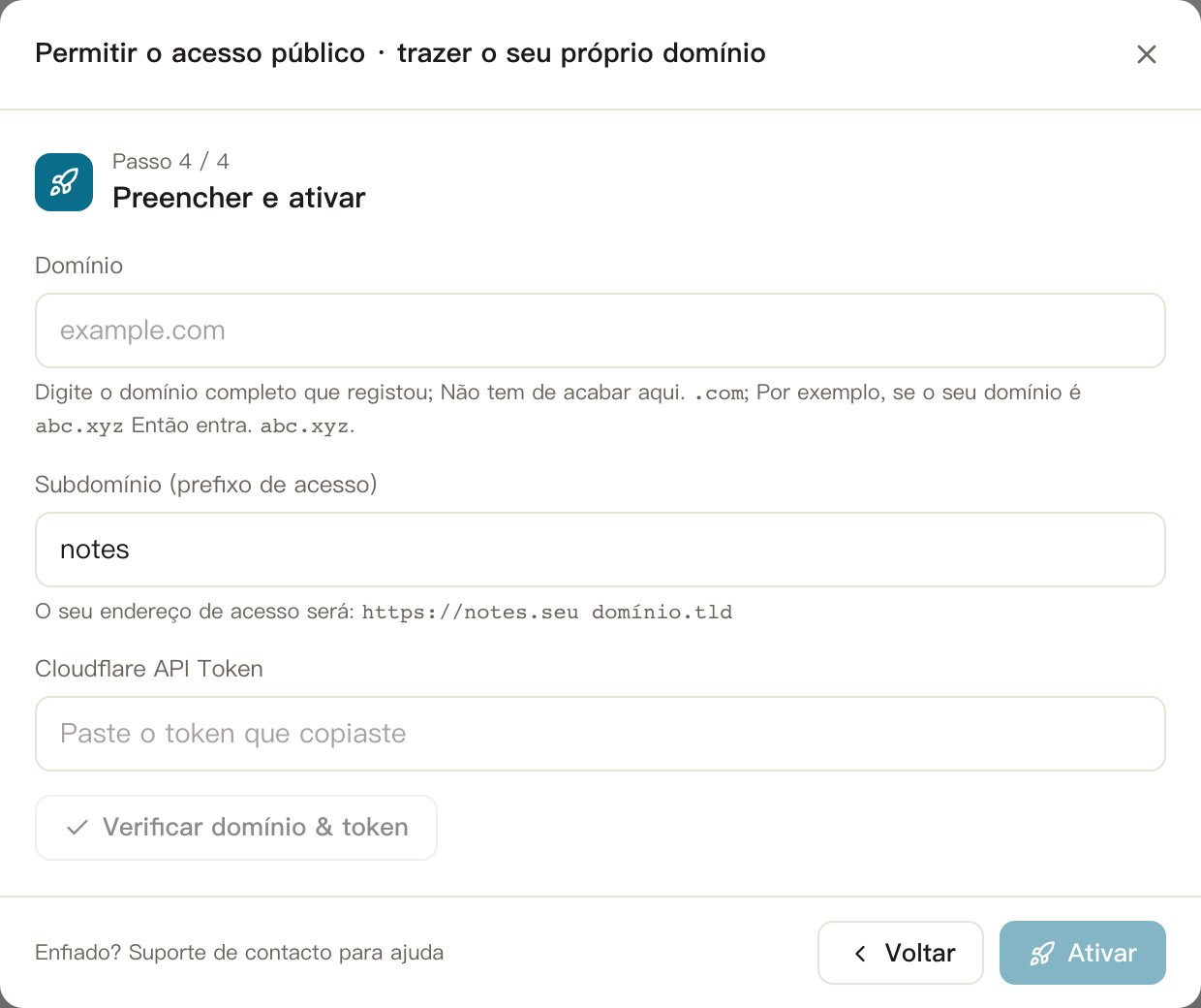 Acesso externo · Passo 4: Encher e ativar