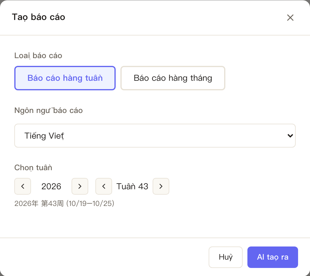 Tác vụ · Tạo ra báo cáo hàng tuần